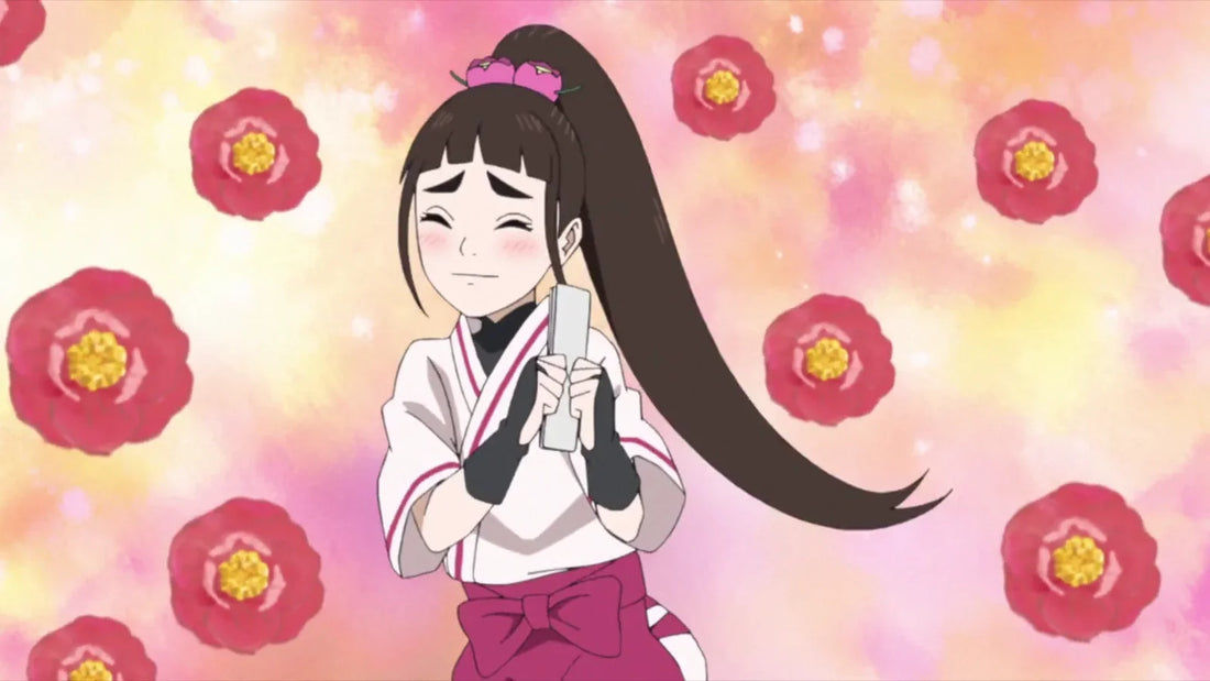 Jeune fille en kimono blanc et hakama magenta, yeux fermés et joues rosies, serrant un papier plié devant un fond rose semé de fleurs rouges